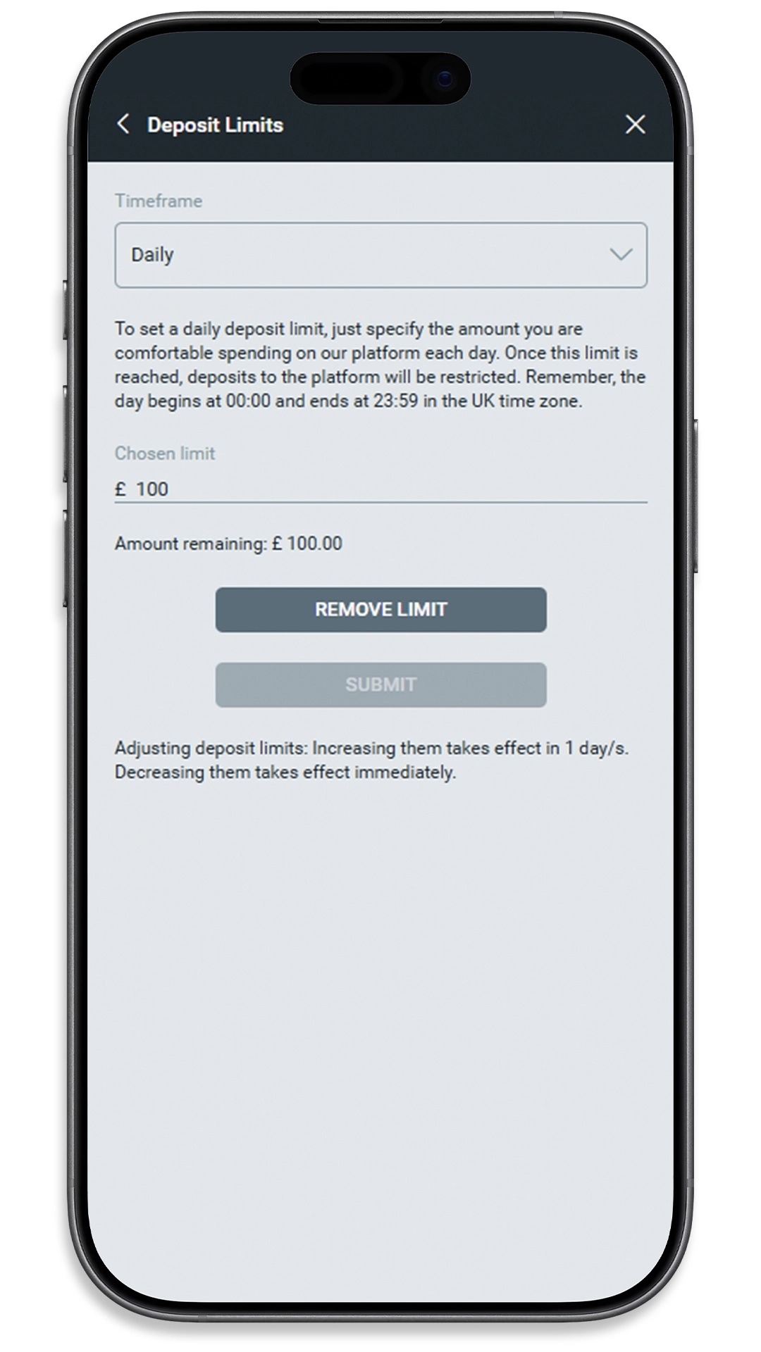 Deposit Limits screen with a daily timeframe and a chosen limit of £100