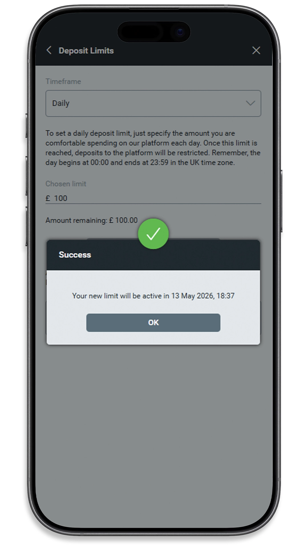 Success message confirming when a new daily deposit limit will become active