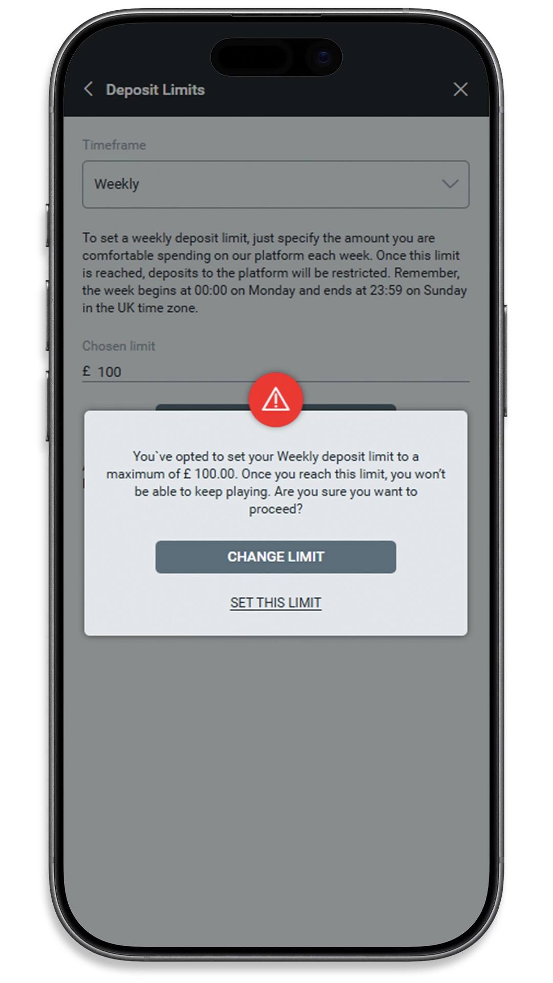 Confirmation prompt asking the player to confirm a new weekly deposit limit