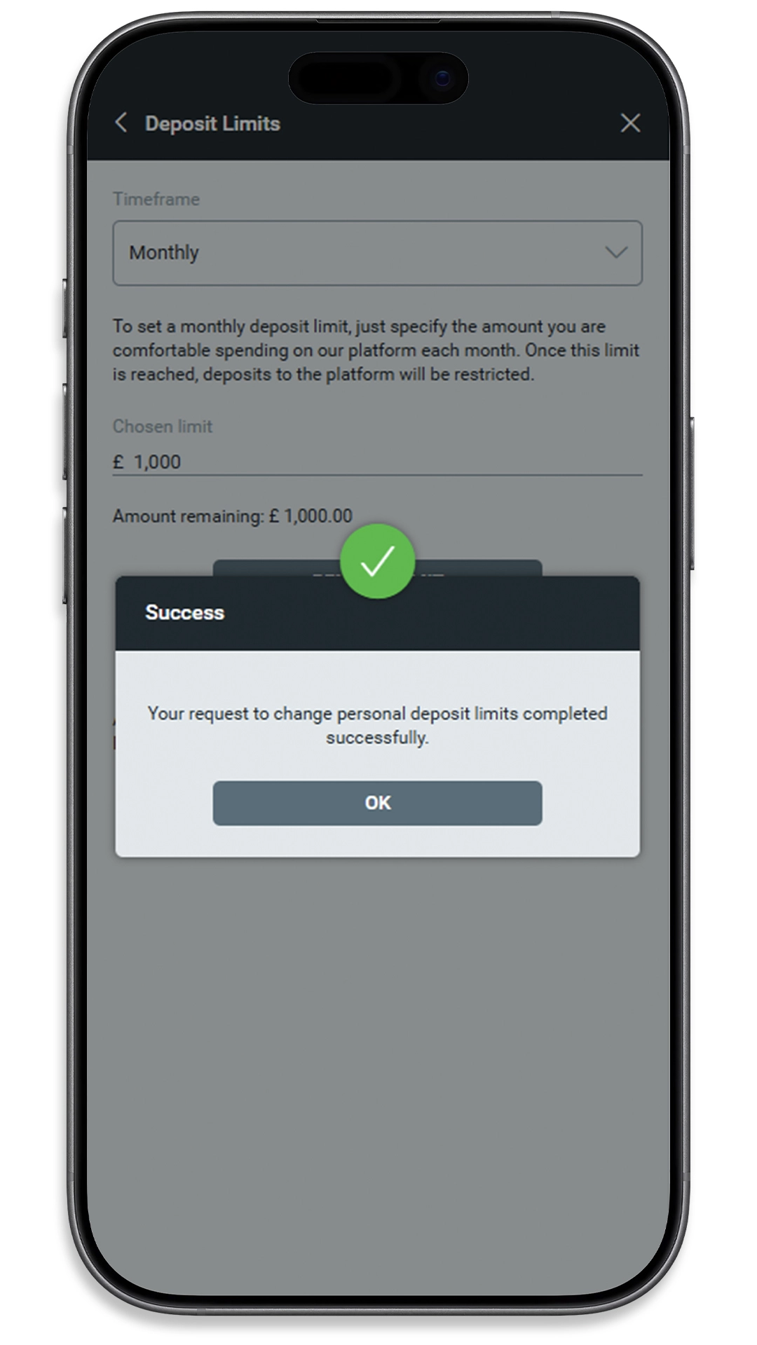 Success message confirming a monthly deposit limit change was completed