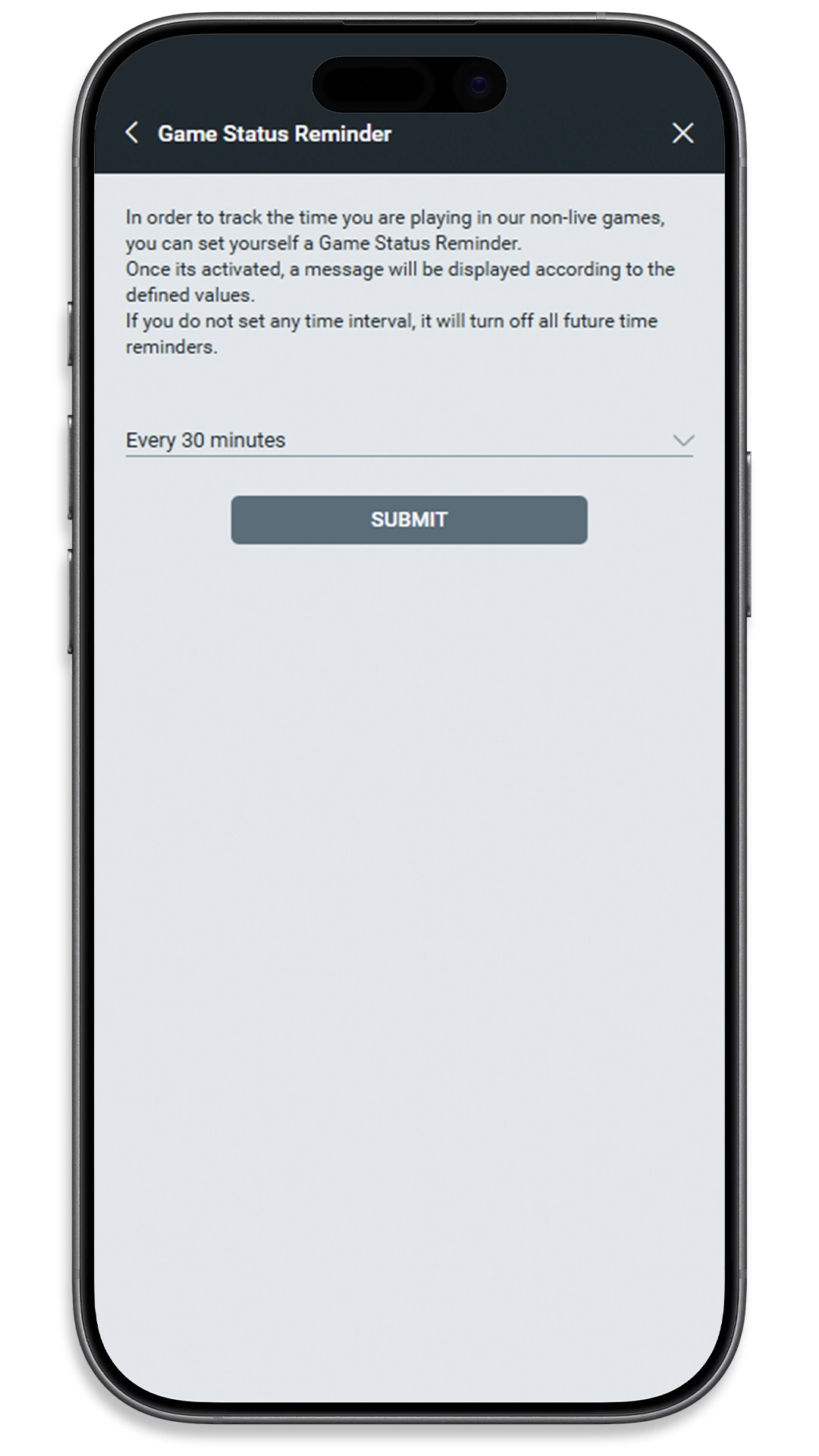 Game Status Reminder screen with a reminder interval dropdown set to every 30 minutes