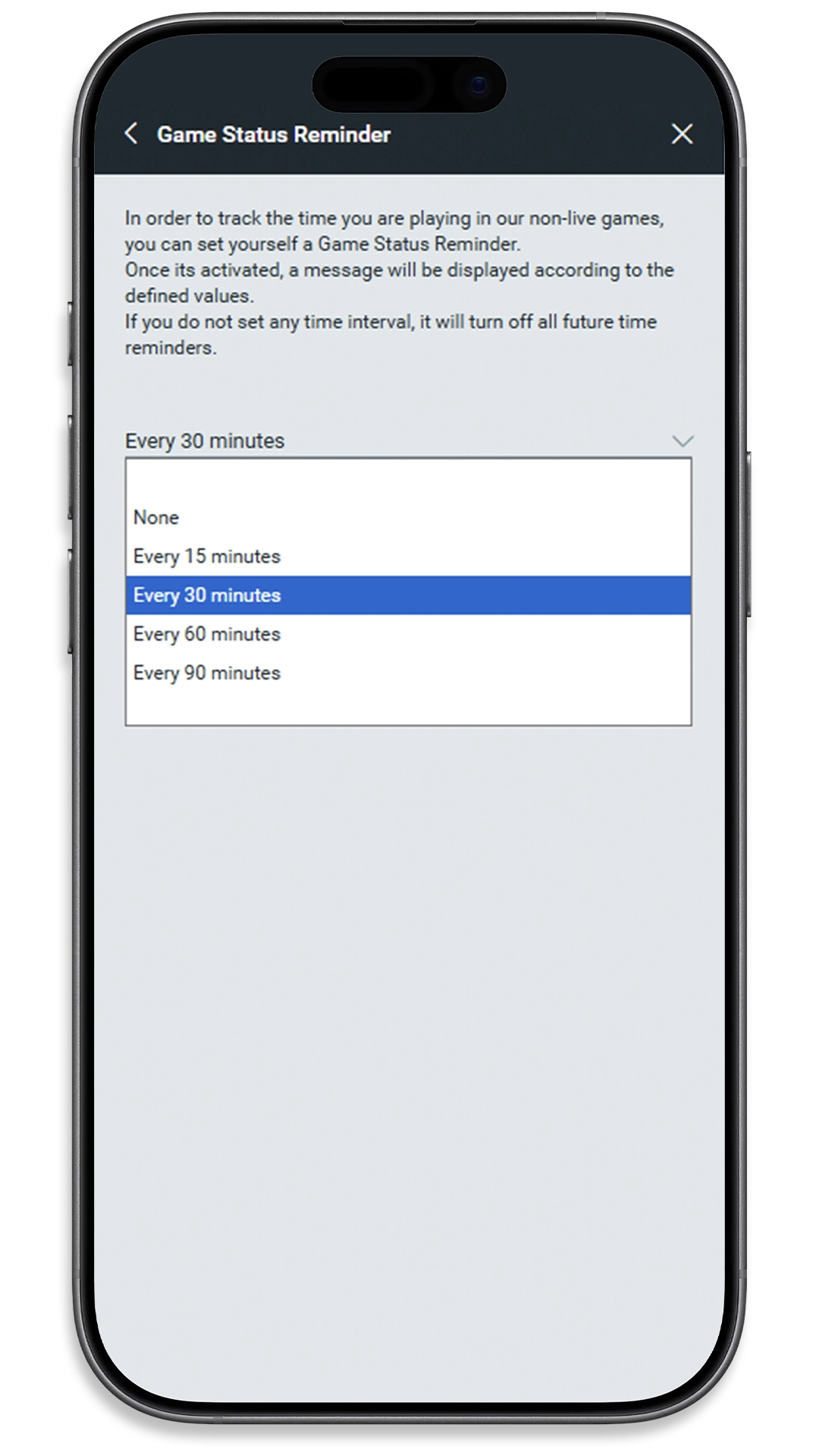 Reminder interval dropdown open, showing None, 15, 30, 60 and 90 minute options