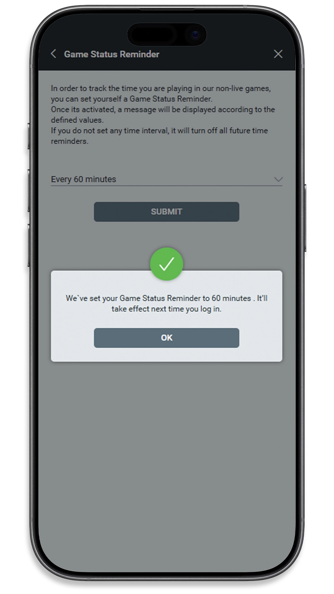Success message confirming the Game Status Reminder was set to 60 minutes