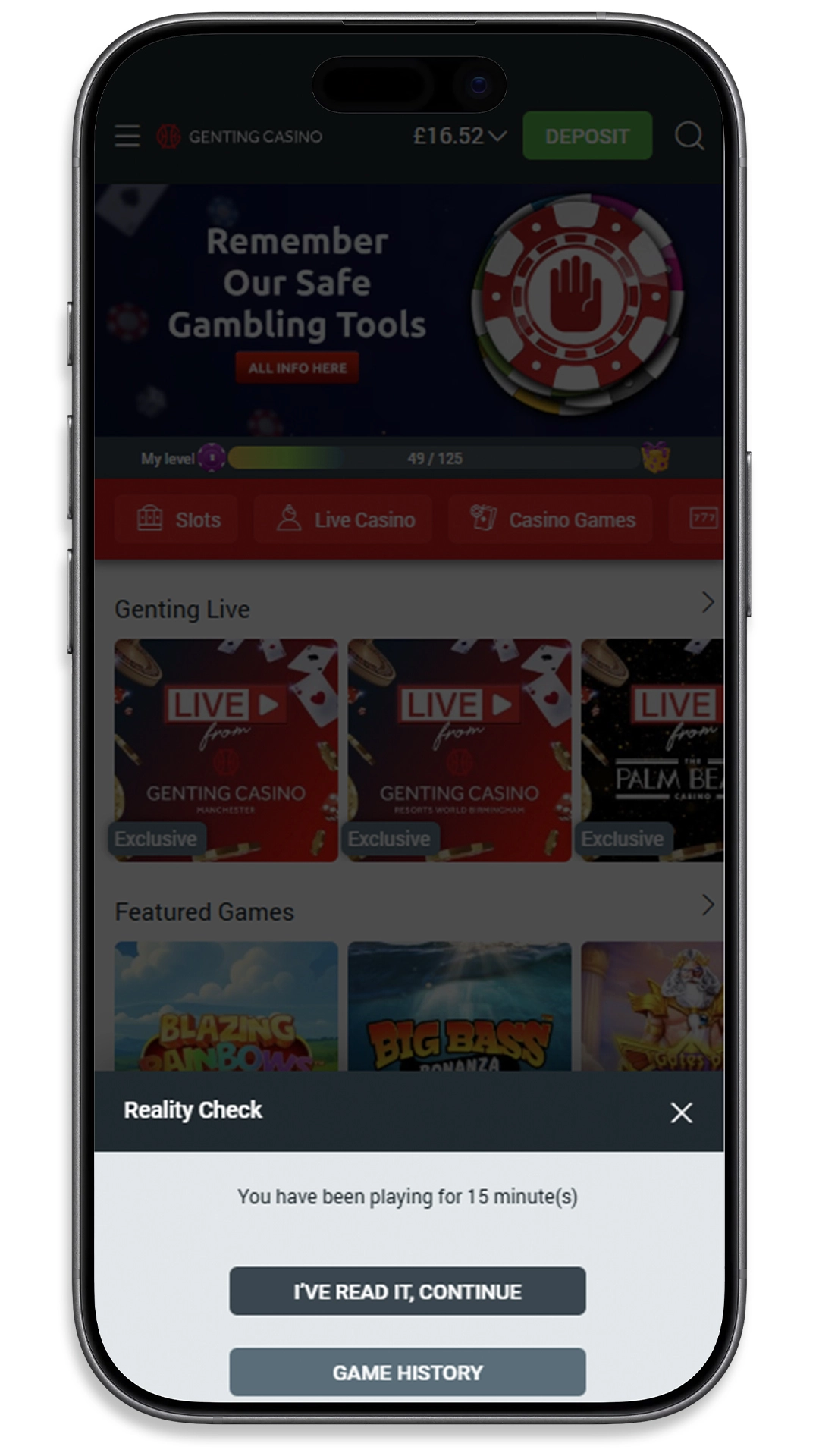 Reality Check pop-up during play showing the current session time with an option to continue