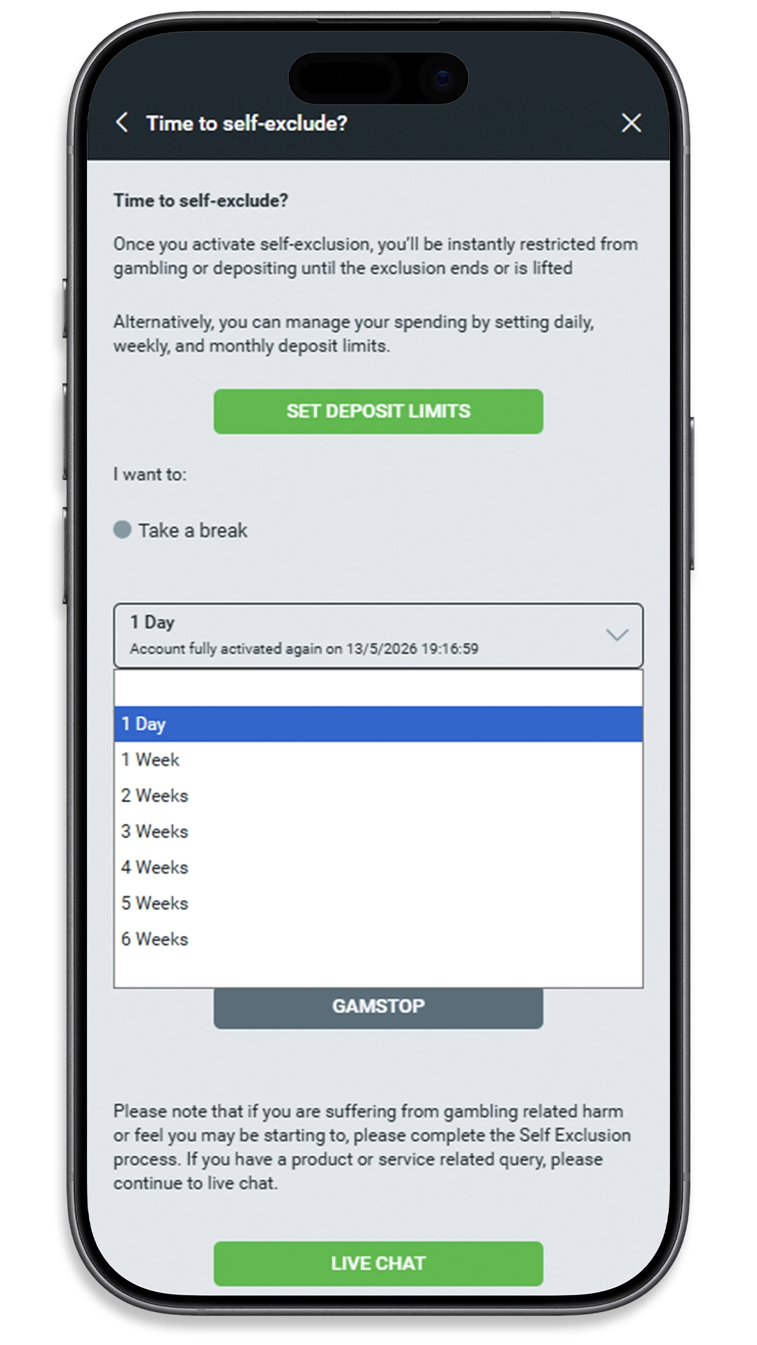 Time to self-exclude? screen with duration dropdown and GAMSTOP option