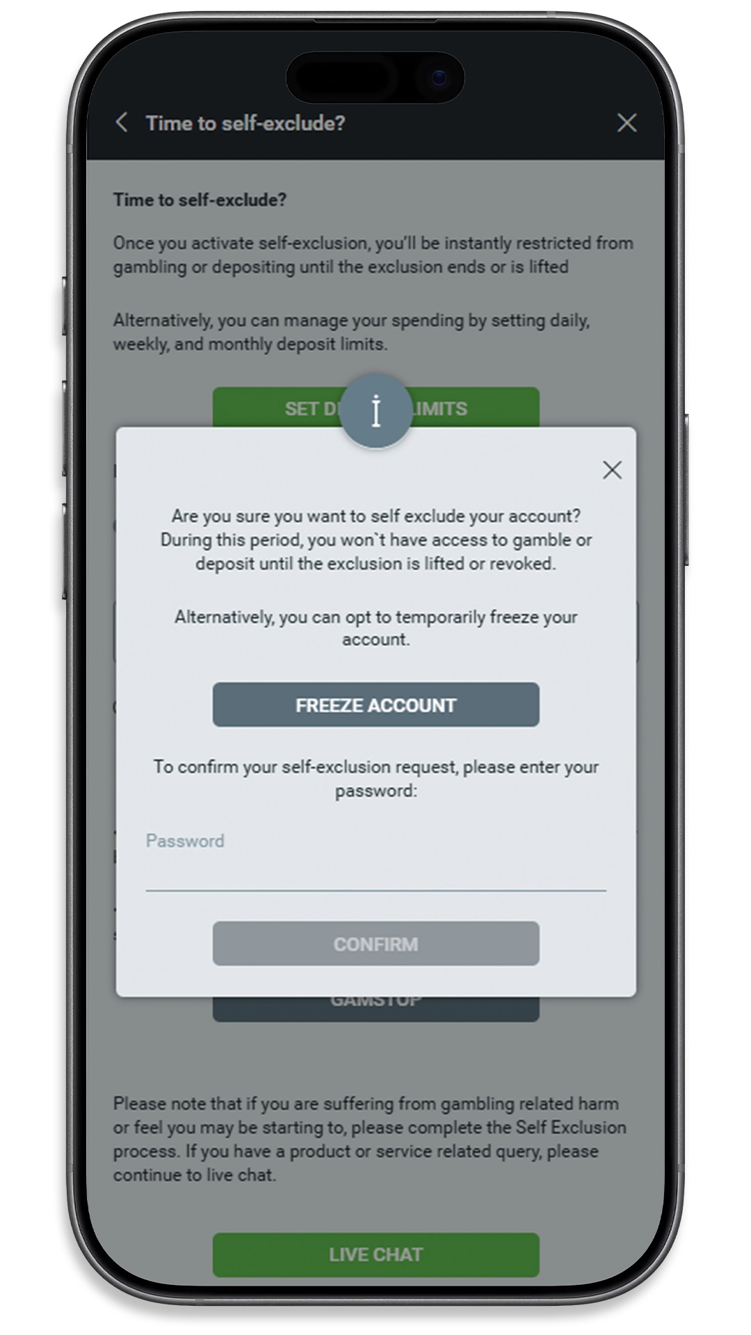 Self-exclusion confirmation prompt asking for a password