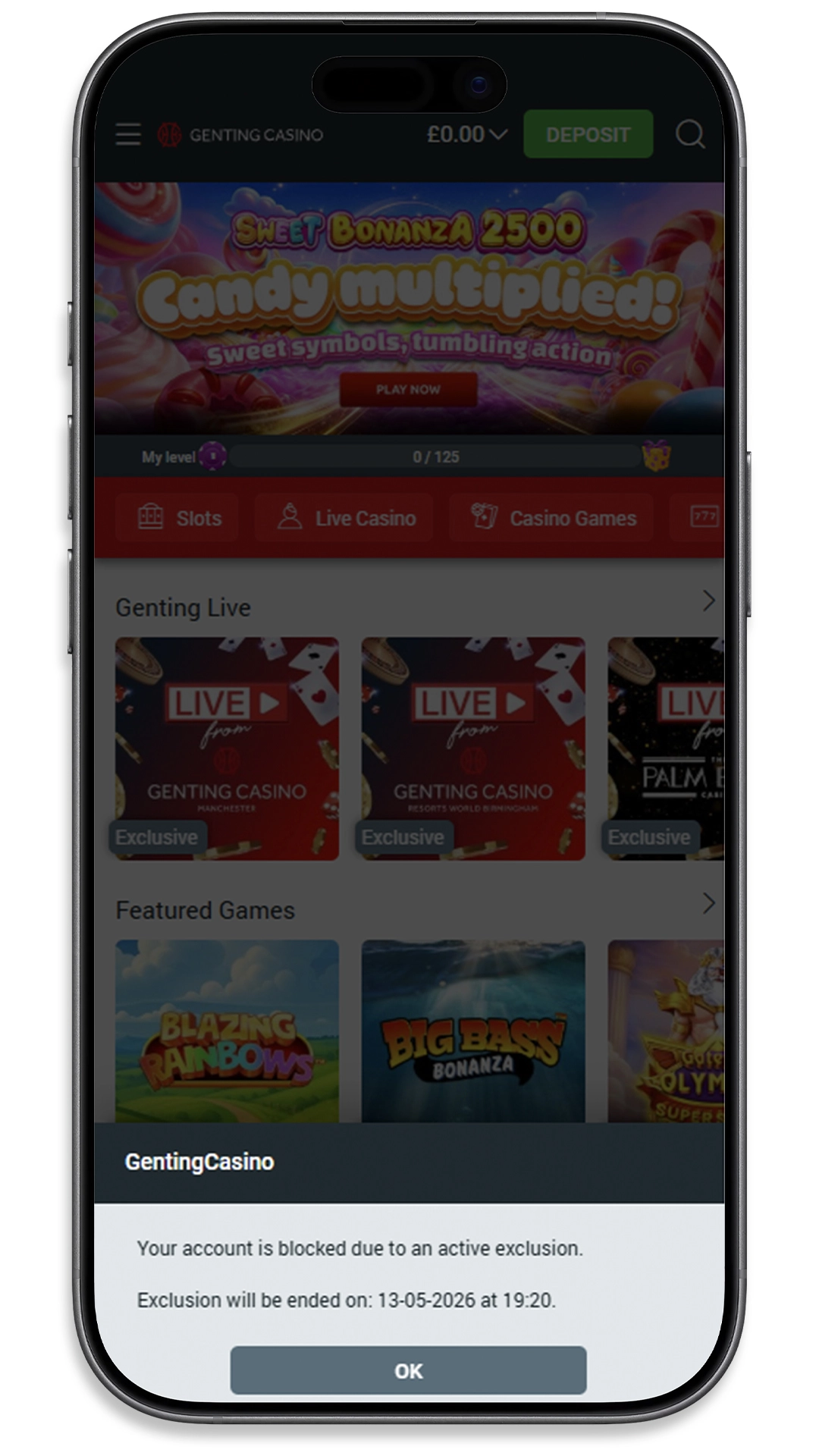 Account blocked message on the casino homepage due to an active exclusion