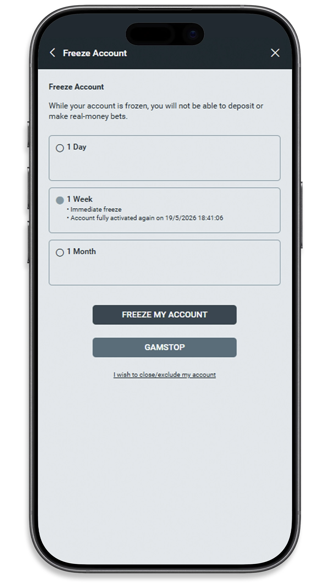 Freeze Account screen showing 1 Day, 1 Week and 1 Month options