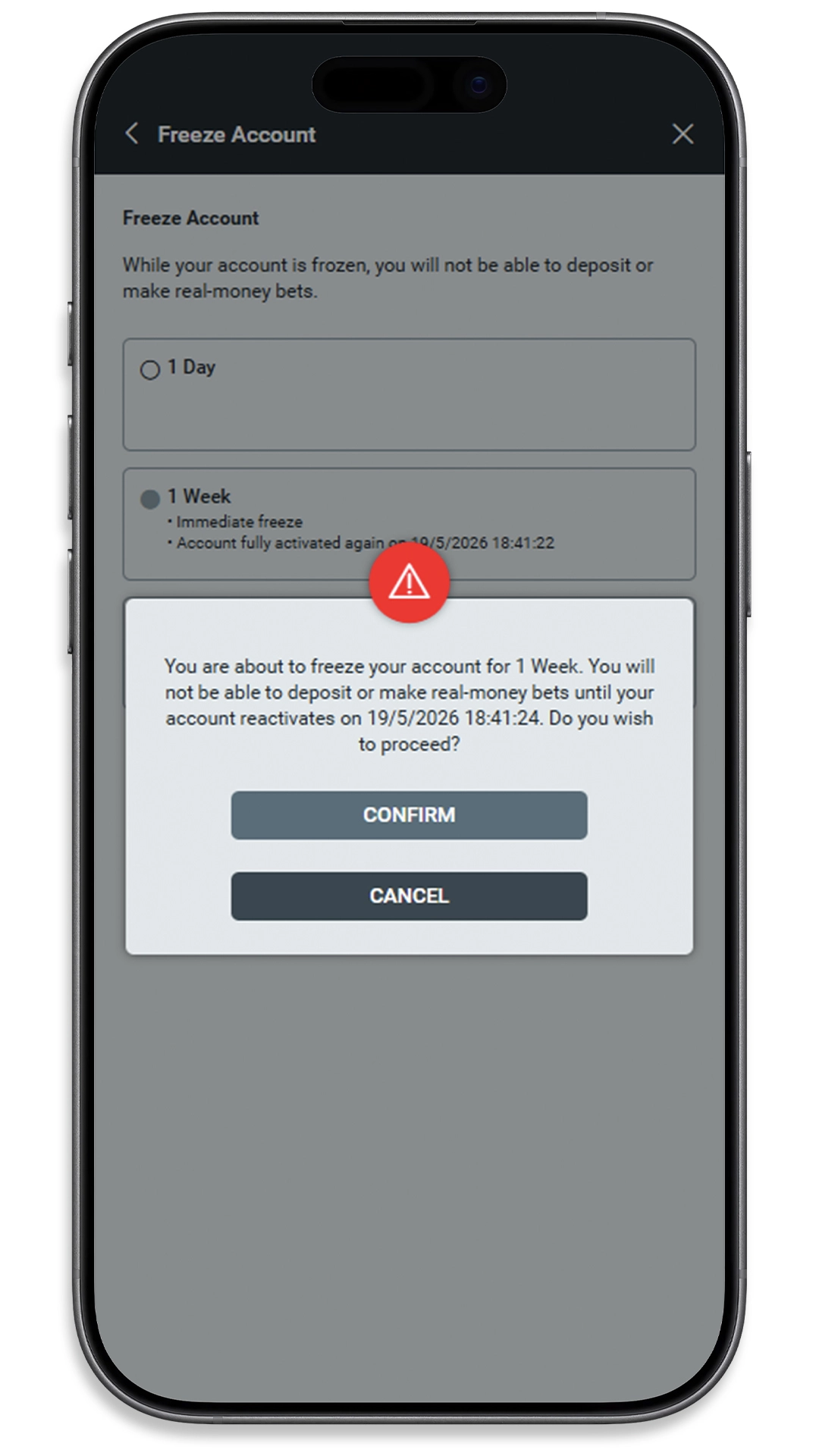 Freeze Account confirmation prompt