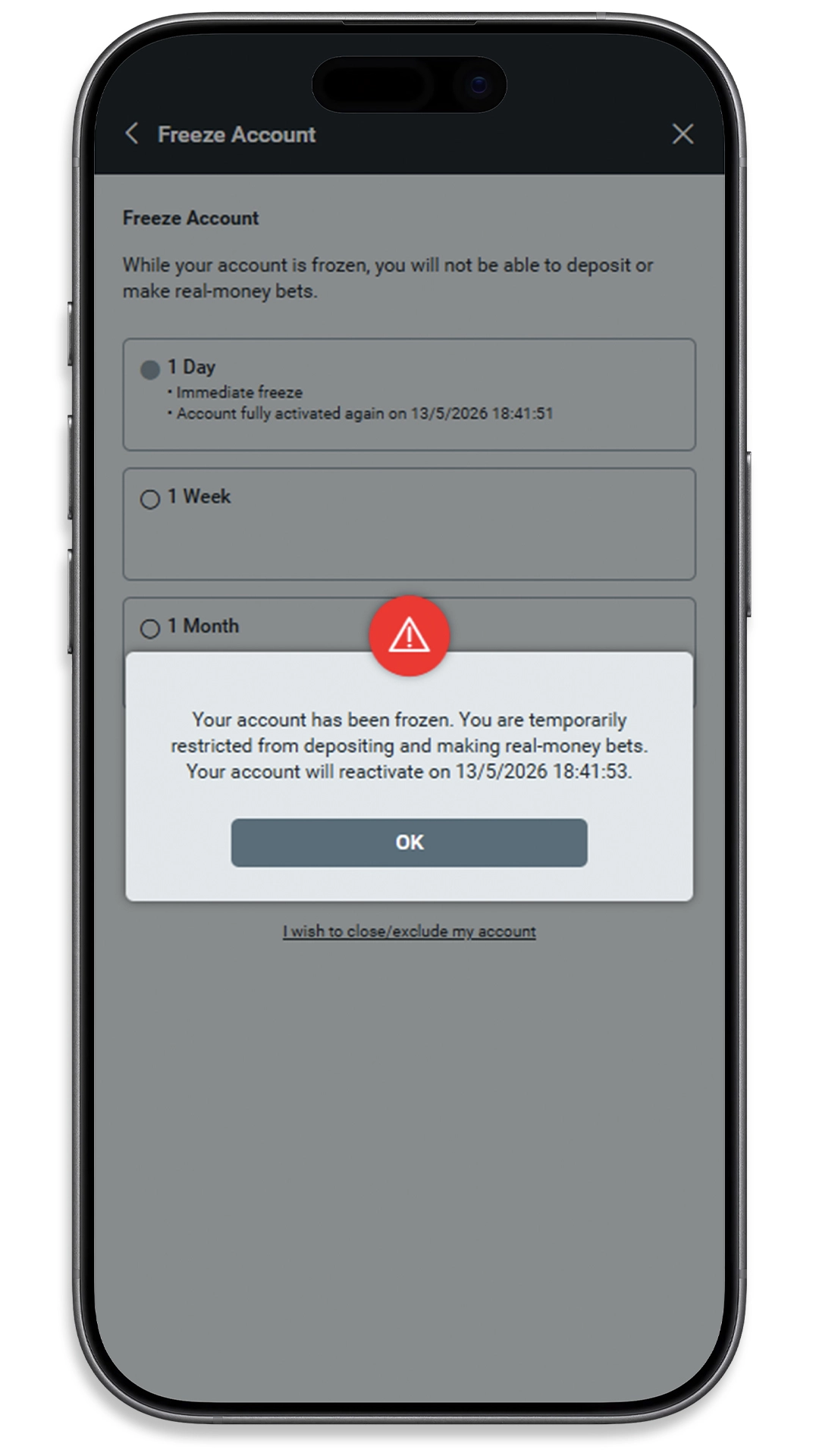 Freeze Account success message