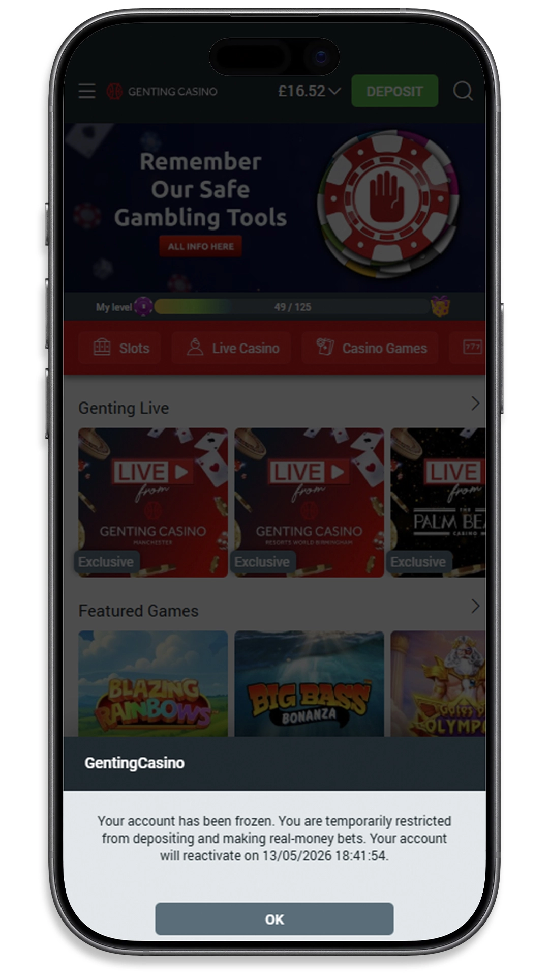 Account frozen confirmation on the casino homepage